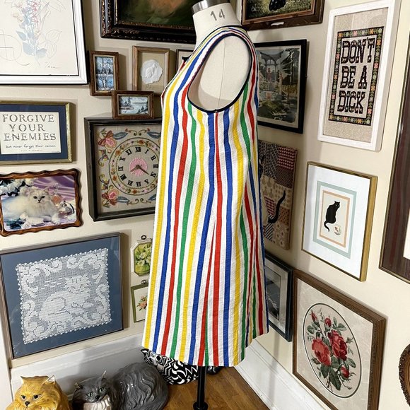 70s Vintage Village Inn Fashions Rainbow Striped Seersucker Midi House Dress XL - Picture 3 of 5